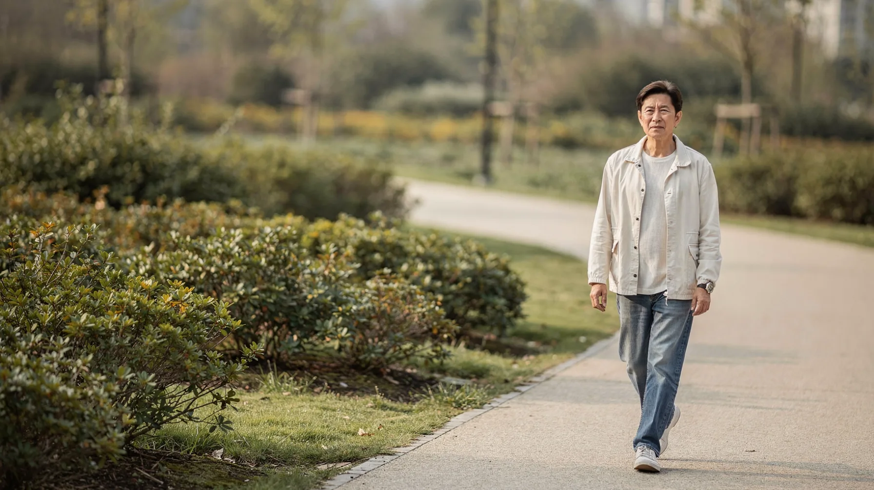 A man walks along a landscaped park path.