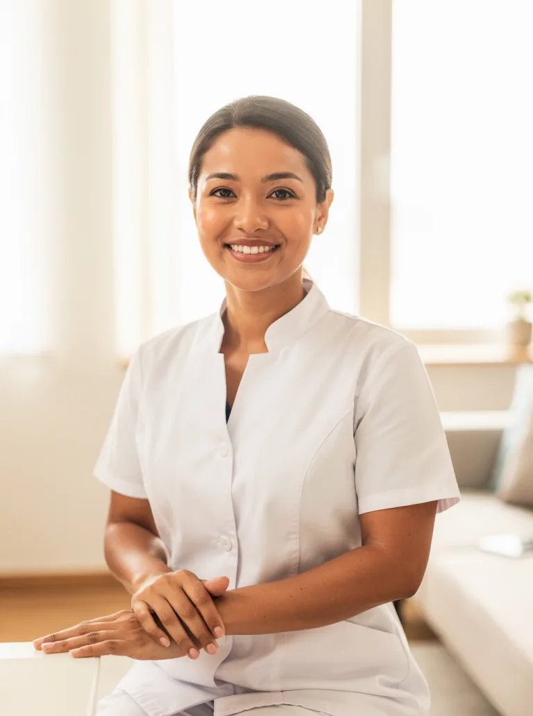 An illustrative woman clinician smiles in a bright consultation setting.